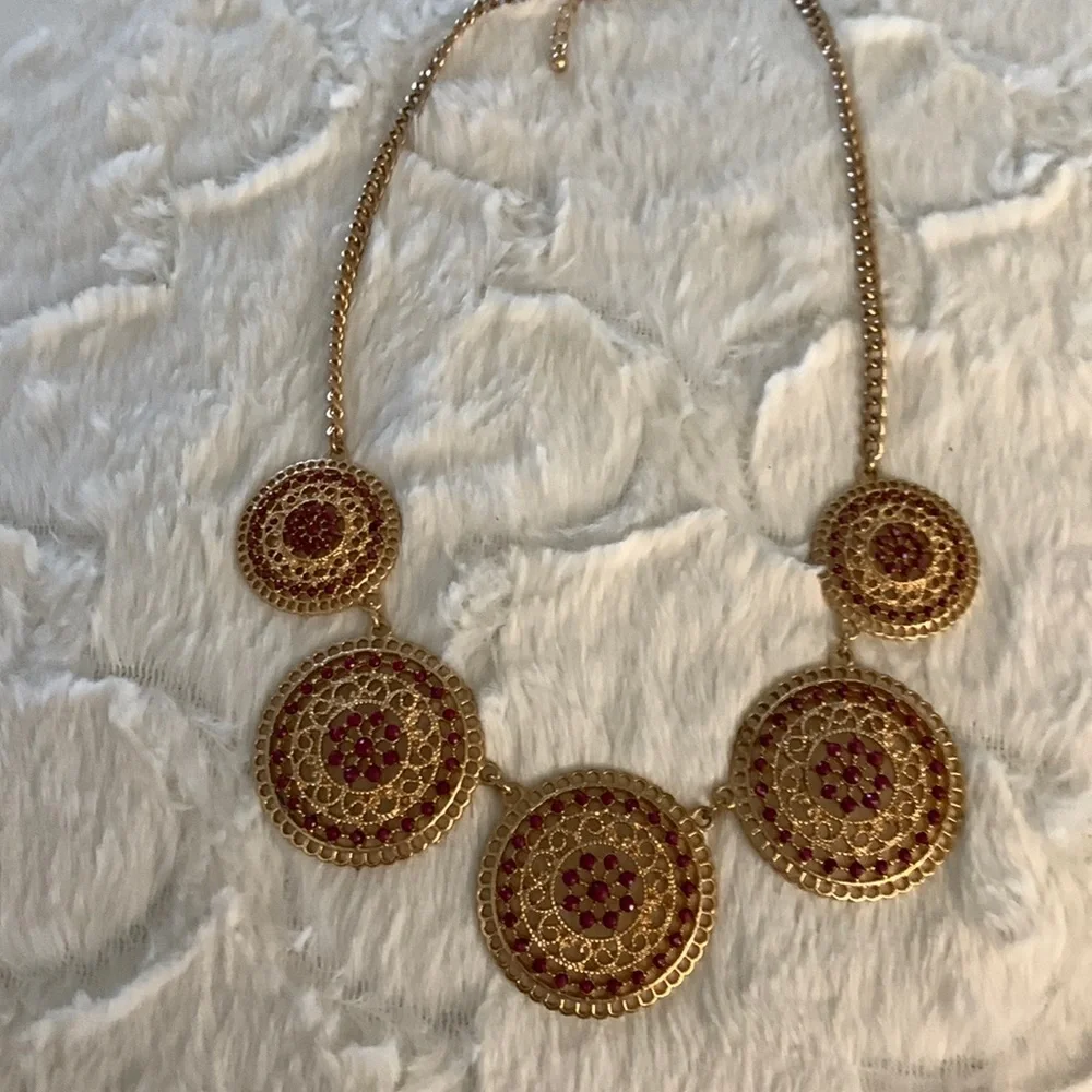 Gold Medallion Statement Necklace with tiny red rhinestones - Picture 1 of 6